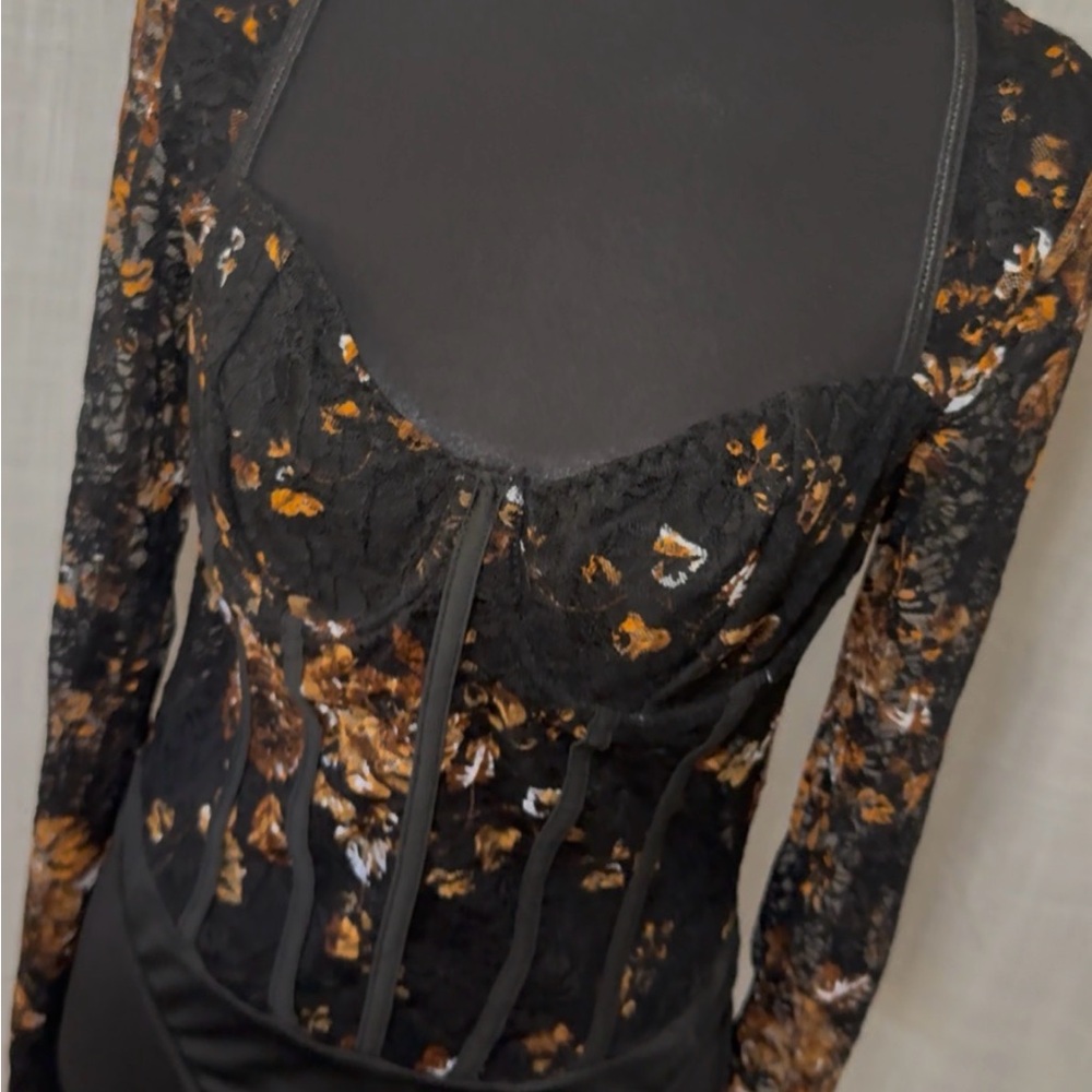 SHEIN Black, Brown, Gold Lace Corset, Sweetheart Neckline Bodysuit ~ Size M ~ - Picture 2 of 6